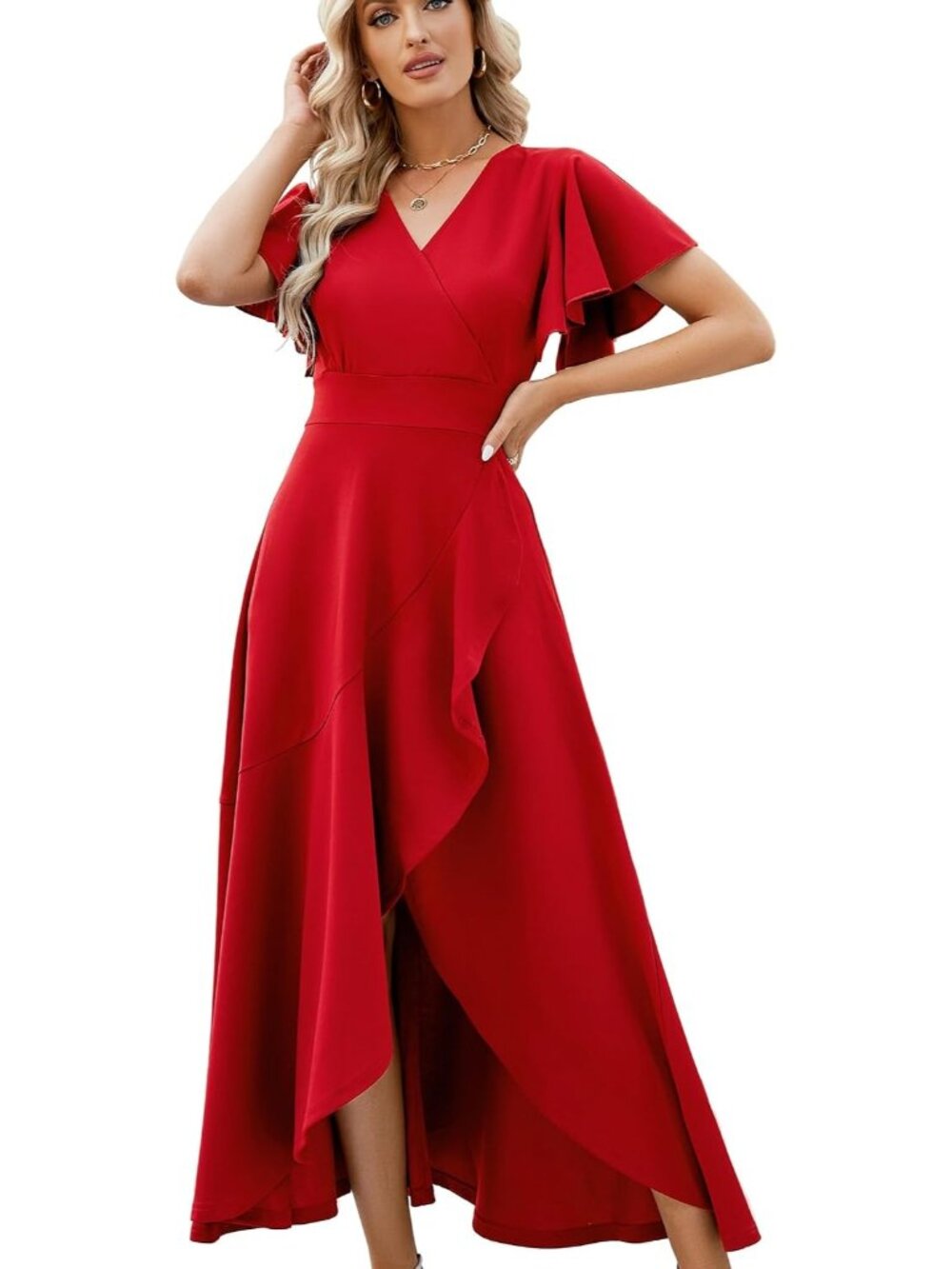 Women's Red Gowns Evening V Neck Ruffle Skirts Maxi Wedding Guest Dresses